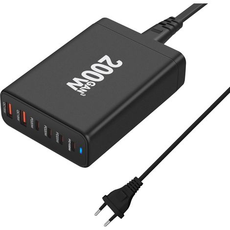 6-Port-Schnellladegerät, 200-W-USB-C-Ladestation, Netzteil, kompaktes Reiseladegerät für iPhone 14, 13, 12, 11 Pro Max, Pixel, Note und Galaxy (1/4)