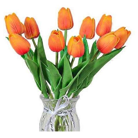 Lot de 10 fleurs artificielles avec tige, réalistes, pour mariage, maison ou bureau, centre de table, tulipes, fausses branches, composition florale.orange (1/5)