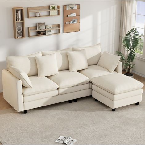 Divano angolare 212x150x90 cm, chaise longue mobile, 3 posti, 4 cuscini, chenille beige (1/5)