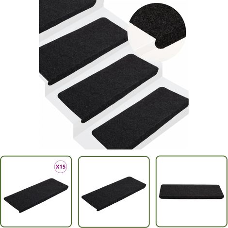 The Living Store Stufenmatten Selbstklebend 15 Stk. 65x24,5x3,5 cm Schwarz - Treppenmatten - Teppiche Für Treppen - Treppenläufer - Rutschfest - Schwarz (1/5)