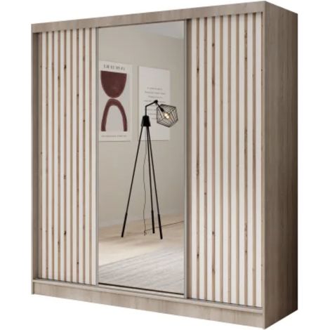 Armoire coulissante ANTIKA 200cm avec miroir et lattes décor bois-Chêne Sonoma/Blanc