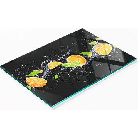 Tabla de cortar de cristal para cocina con estampado de naranjas y agua, 80x52 cm. (1/5)