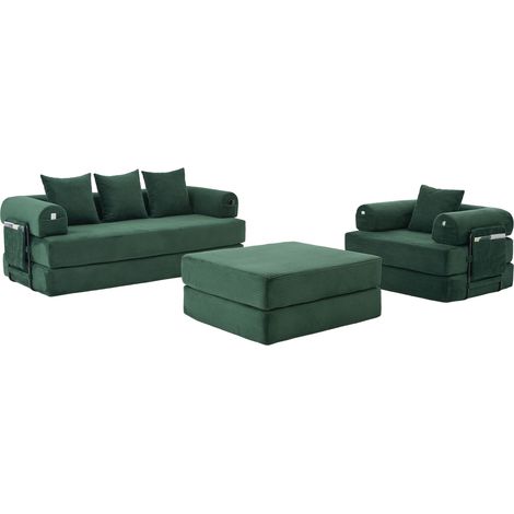 Divano modulare in velluto a coste verde con pouf, struttura in metallo, tasca laterale e cuscini (1/5)