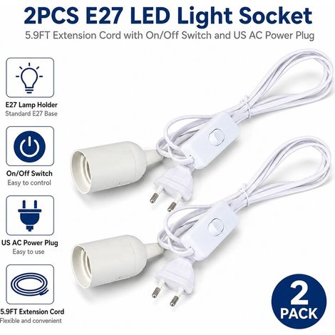 Lot de 2 douilles lumineuses LED E27, câble rallonge de 5,9 pieds avec interrupteur marche/arrêt et fiches secteur AC américaines, lampe pour éclairage suspendu adaptée à cuisine et chambre (blanc) (1/5)