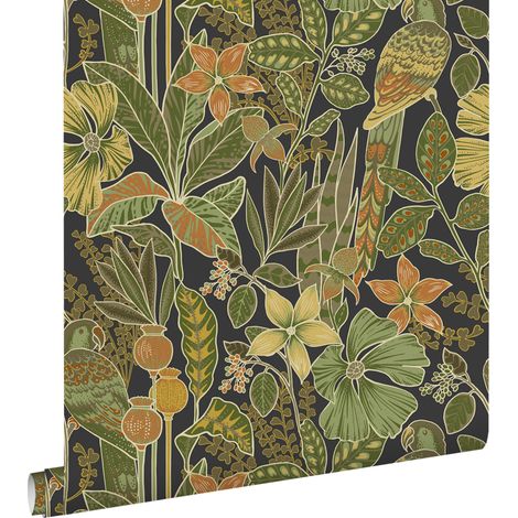 papier peint fleurs tropicales et des oiseaux de paradis vert olive grisé - ESTAhome (1/5)