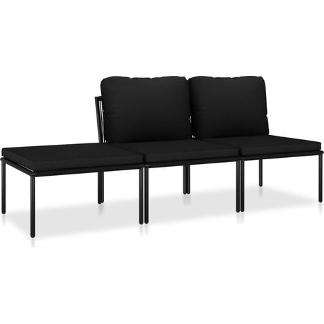 – Salon de jardin 3 places avec coussins en PVC noir – Cadre acier enduit de poudre – Dimensions 180x60x65 cm – Usage extérieur toute l'année (1/5)