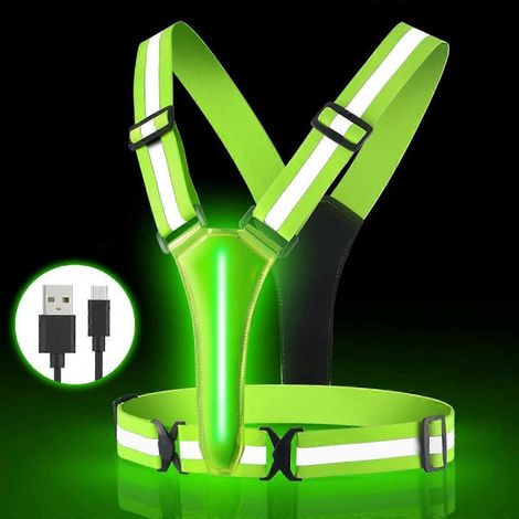 Gilet réfléchissant LED rechargeable USB, équipement de course à pied, éclairage nocturne, sécurité, taille élastique ajustable.