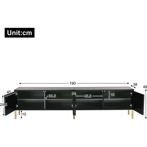 Meuble TV noir, 190 cm (L) x 38 cm (P) x 48 cm (H), pieds dorés, console télé basse élégante. (1/5)