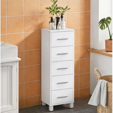 Mobile bagno con 5 cassetti in legno bianco, salvaspazio con piedini regolabili (1/4)