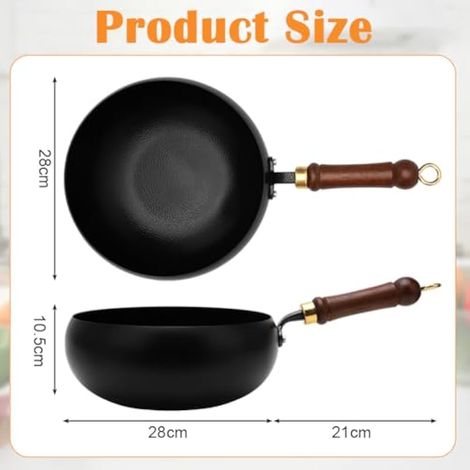 Poêle en fer forgé non revêtue, 28 cm, poêle antiadhésive, casserole en fer forgé à la main avec fonction de conservation de la chaleur, grande casserole ventrale pour cuisinière à gaz et à (1/4)