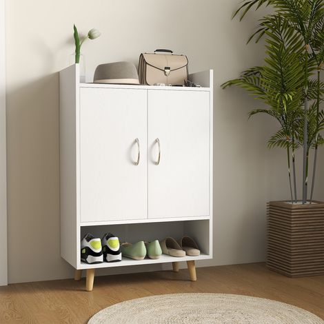Schuhschrank – 60 x 30 x 92 cm – mit Türen und Regalen – für den Eingangsbereich – aus Massivholz – weiß