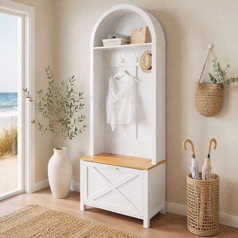 MEUBLIV Vestiaire d'entrée avec meuble à chaussures, étagère et crochets MDF blanc et bois (1/5)