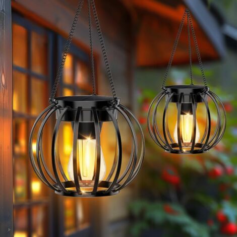 Lanternes solaires d'extérieur étanches : lot de 2 lampes solaires suspendues en métal pour la décoration de jardin, idéales pour les arbres, la terrasse, une table ou une marche. (1/5)