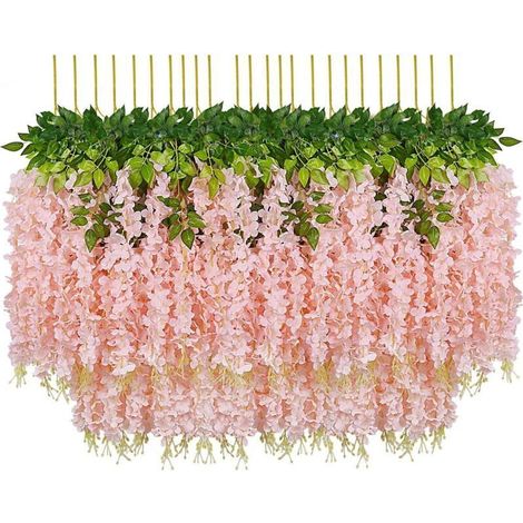 Set of 24 Artificial Flowers Faux Wisteria Vine Silk Flower Hanging Garland for Home Garden Wedding Party Decor Simulation Flower (Set of 24, 110cm, Light Pink) (1/5)