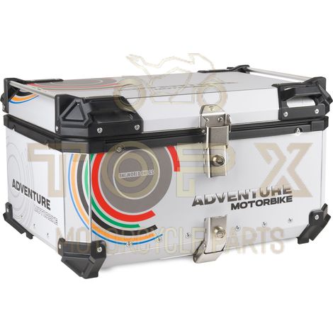 Maleta central de aluminio para motocicleta de 65 litros, con capacidad para 2 cascos y acabado en chapa blanca. (1/5)