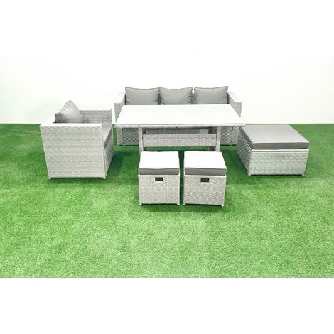 Fimous Garden Dining Set Outdoor Rattan Furniture Set with Sofa Dining Table 3 Footstools Light Grey Mixed (1/5)