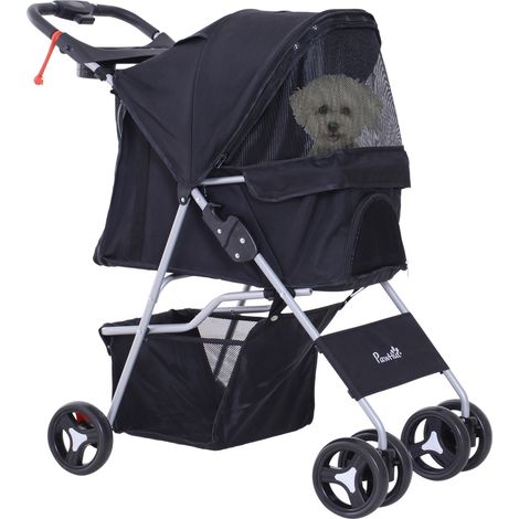 Poussette canin pliable 75x46x94 cm, imperméable, tissu Oxford 600D noir, 4 roues, buggy pour chien