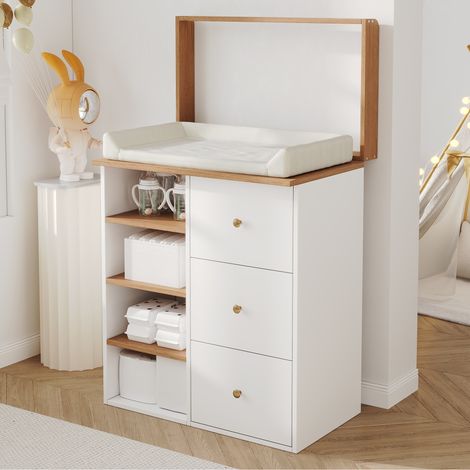 Cómoda cambiador bebé 2 en 1 - 82x50x100 cm - Mueble cambiador con barrera extraíble cajones y estantes - MDF estilo escandinavo - Blanco y madera natural (1/5)