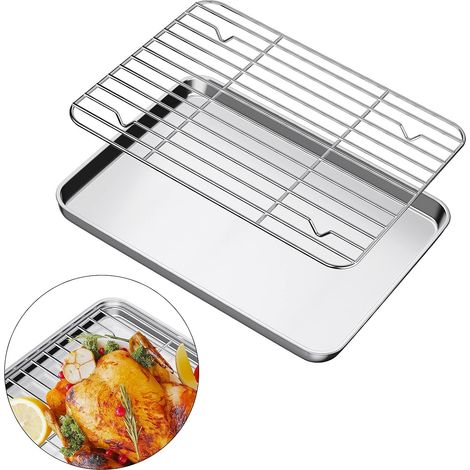 Plaque de cuisson avec grille. Plaque de cuisson rectangulaire en acier inoxydable. Perforée. Dimensions : 30 x 25 x 2,5 cm. Facile à nettoyer. Compatible lave-vaisselle. Convient au four pour pizzas,