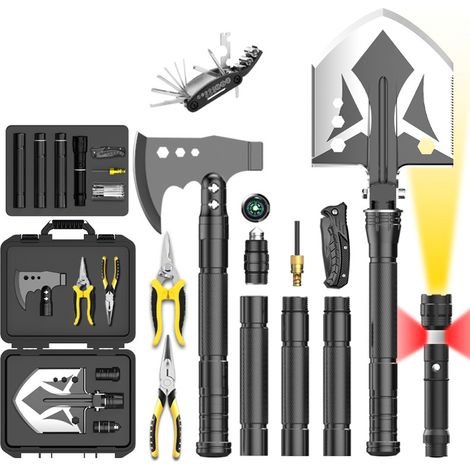 Pelle pliante d'extérieur, hache de camping, kits de survie portables avec lampe de poche, couteau pliant, pince coupante et trousse à outils de réparation (1/5)