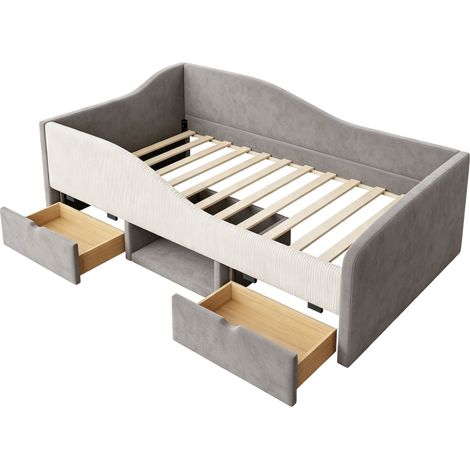 Cama infantil capitoné 90 x 190 cm con 2 cajones y almacenaje en terciopelo gris MODENUIT (1/5)