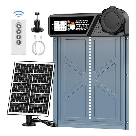 Solar Automatic Chicken Coop Door, Aluminium Chicken Coop Door with 7W Solar Panels, Timer, LED Display, Remote Control, Two Charging Methods (1/5)