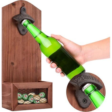 Bouteilles Mural en Bois Vintage, Décapsuleur avec Récupérateur de Bouchons, Multifonction pour Maison, Bar et Terrasse (1/5)