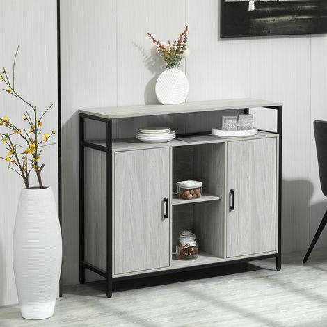 Buffet moderne en bois avec 2 placards et étagères, meuble de cuisine et d'entrée, gris clair, 100 x 34 x 87,2 cm (1/5)