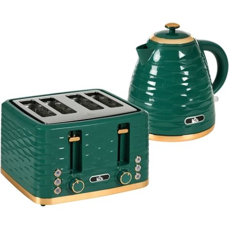 3000W 1.7L Rapid Boil Kettle and 4 Slice Toaster Set with 7 Browning Levels and Easy Clean Crumb Tray in Green