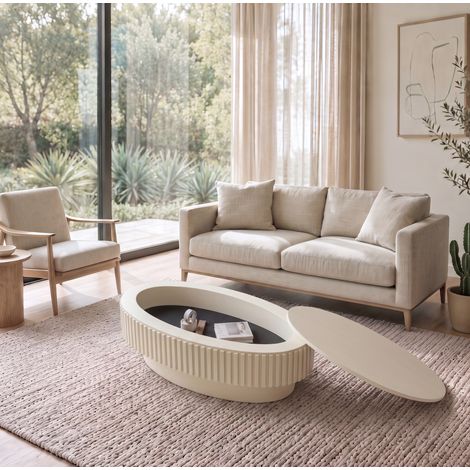 Tavolino ovale 98x60x35 cm in MDF impiallacciato crema con vano contenitore - MEUBLIV (1/5)