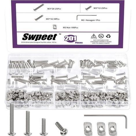 201 Pièces Kit d'Assortiment d'Écrous à Griffes (T-Nuts) et Vis M3 Nickelé avec Clé Hexagonale, Boulons à Tête Bombée/Cylindrique à Six Pans Creux M3×12/16/20, de Profilés Aluminium Série 2020 (1/5)