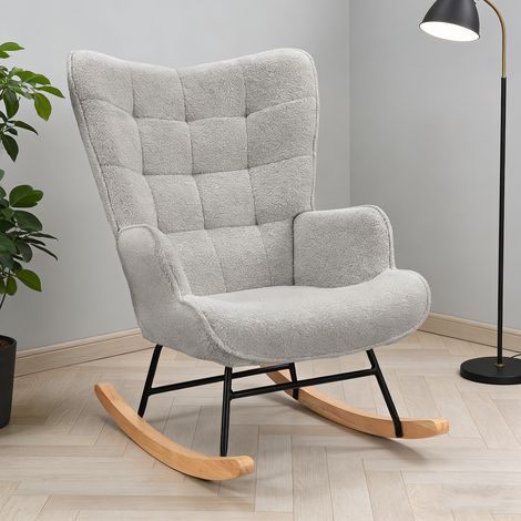 Fauteuil à bascule,rocking chair avec accoudoirs,Pieds en bois massif,Pour le salon, chambre,peluche d'agneau,Gris clair