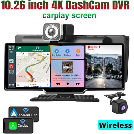 Dash cam per auto con scheda SD da 128 GB, CarPlay, Android Auto, doppio obiettivo anteriore e posteriore, telecamera per la retromarcia impermeabile (128 GB) (1/4)