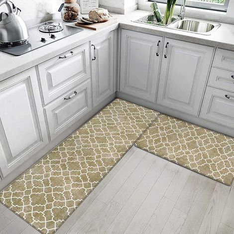 PVC kitchen mat, non-slip, oil-resistant, wipeable, no-rinse, suitable for bathroom and household use, stain-resistant doormat - brown with window grille design - 44x150x0.8cm
