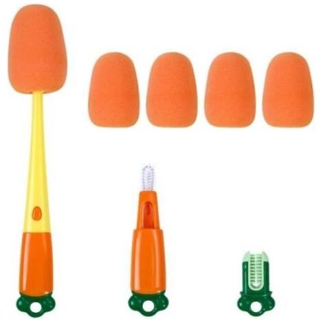 3 en 1 Nettoyage Biberon Brosse, Brosse à Bouteille, Brosse a Biberon avec 4 têtes d'éponge de Remplacement, sans Rayures, Orange (1/4)