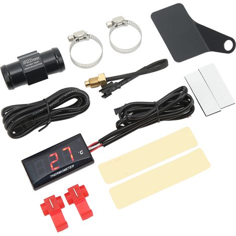 Jauge de température d'eau numérique ultra-mince pour moto, alimentation 12 V CC, écran LCD, adaptateur pour capteur 22 mm, compatible avec la plupart des motos (rouge). (1/5)
