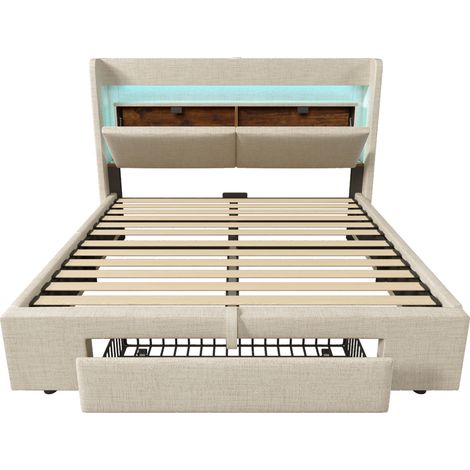 Letto contenitore 140 x 200 cm in lino beige con testiera LED, USB e USB-C, materasso incluso (1/5)