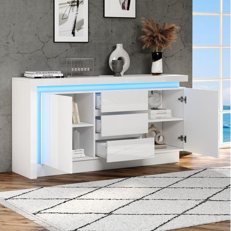 Aparador blanco 140 x 35 x 72 cm con 3 cajones, 2 puertas y LED OKMYHOME (1/5)