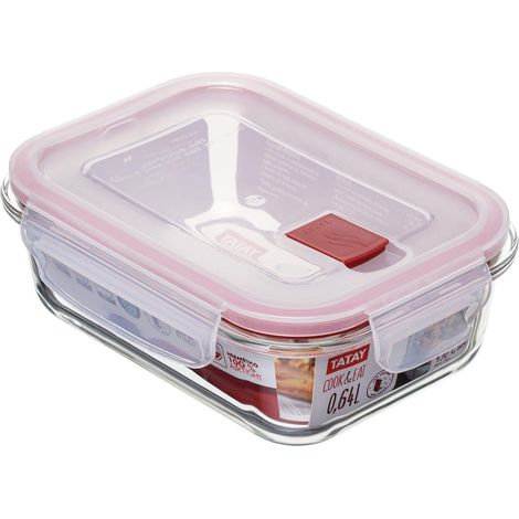 Tatay Cook&eat Contenitore per Alimenti ermetico, Vetro borosilicato, 13.7 x 17.9 x 6.3 cm, Capacita 0.64 L, Transparente / Rosso (1/5)