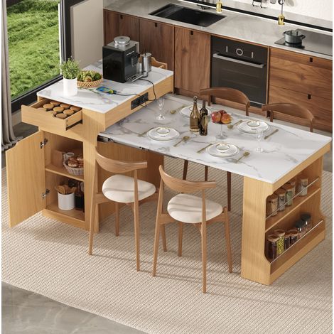 Isla central extensible 55-153x80x93 cm con enchufes, 2 cajones y almacenamiento, mueble de cocina MDF - natural (1/5)