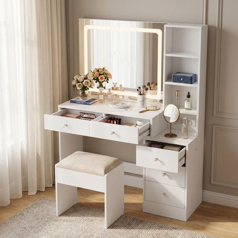 Coiffeuse avec tabouret et miroir LED 3 couleurs, meuble de maquillage, 110x36x140 cm, prises intégrées, support sèche-cheveux et plateau en verre, style moderne, Blanc