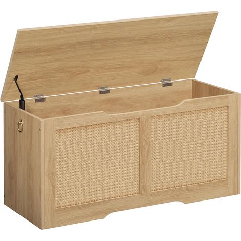 Coffre à Jouets, Banc de Rangement décoratif en rotin Artificiel, Coffre de Rangement de 100 cm de Long, avec charnière de Soutien Organisateur à Jouets, Couleur Bois Naturel ENL11CW01 (1/5)