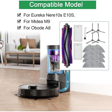 Kit accessori per Eureka NERE10s E10S, per Obode A8 A8 Plus, per Midea M9 Ricambi aspirapolvere, 1 spazzola principale, 4 spazzole laterali, 2 filtri Hepa, 4 mop (1/4)