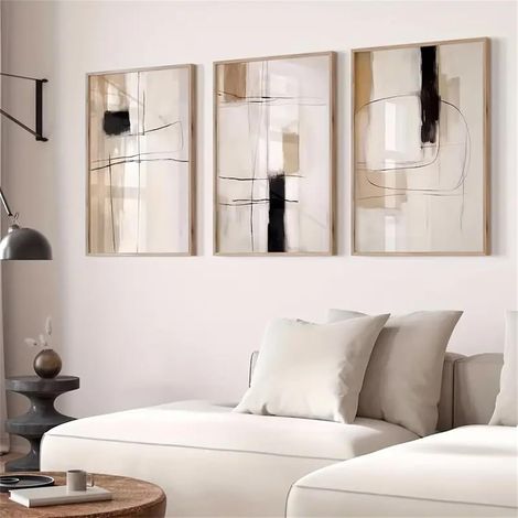 Lot de 3 posters modernes - Art abstrait - Décoration murale - Pour salon, chambre à coucher - Beige - Noir et marron - Impression sur toile de qualité supérieure - Sans cadre (30 x 40 cm) (1/4)