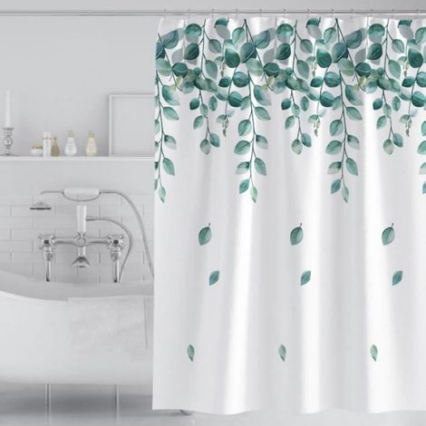 Rideau de douche Blanc Imperméable 120x200cm Décoration Motif de Feuilles Vert (1/4)