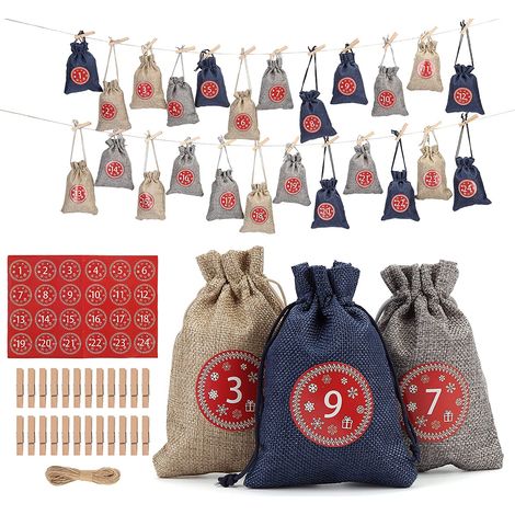 Sac À Cadeau Pour Calendrier De Lavent - 24 Sachets En Lin Imité - 10 x 14 Cm - Avec Cordon En Chanvre Et Étiquettes Numérotées - Lot Complet (1/5)