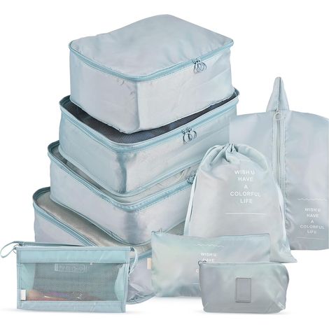 Bolsas de almacenamiento multiusos, juego de 9 piezas, organizador de equipaje para maleta de viaje para ropa, zapatos, ropa interior, para viajes, dormitorio, sala de estar, poliéster azul (1/5)