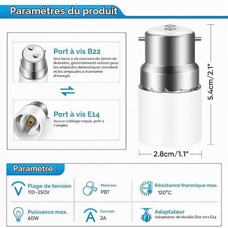 Adaptateur Douille B22 en E14, Convertisseur E14 vers B22, Baïonnette vers Douille pour Lampes à Incandescence, Halogènes, CFL et LED (1/3)