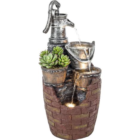Fontaine de jardin rustique à 4 niveaux avec éclairage LED, bac à plantes et pompe, réglable 34 x 31 x 76 cm