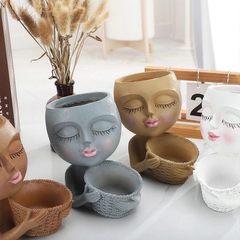 Pot de fleurs en forme de tête de fille charmante pour plantes et fleurs séchées - gris (1/4)